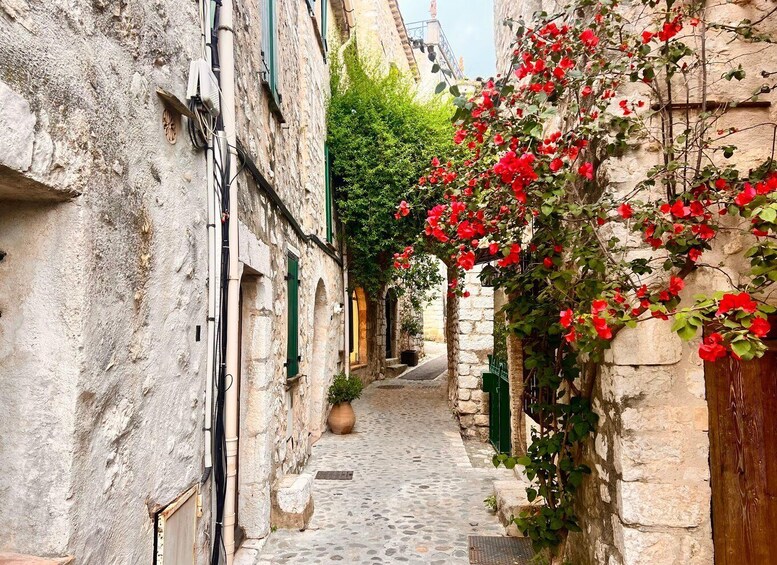 A narrow cobblestone street flanked by stone buildings with green shutters and red flowers climbing the walls. 4