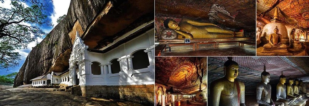 A large rock formation with a temple carved into it, a reclining Buddha statue, and multiple Buddha statues inside a temple. 5