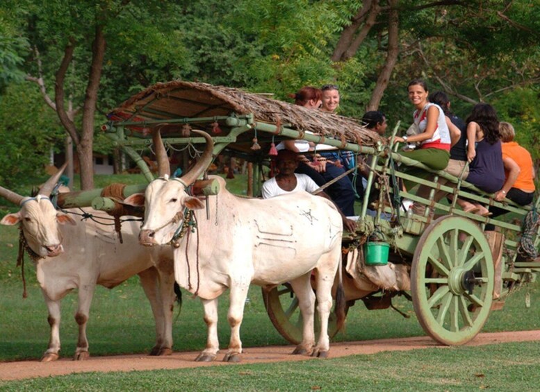 A traditional wooden cart with passengers, pulled by oxen, on a dirt path. 2