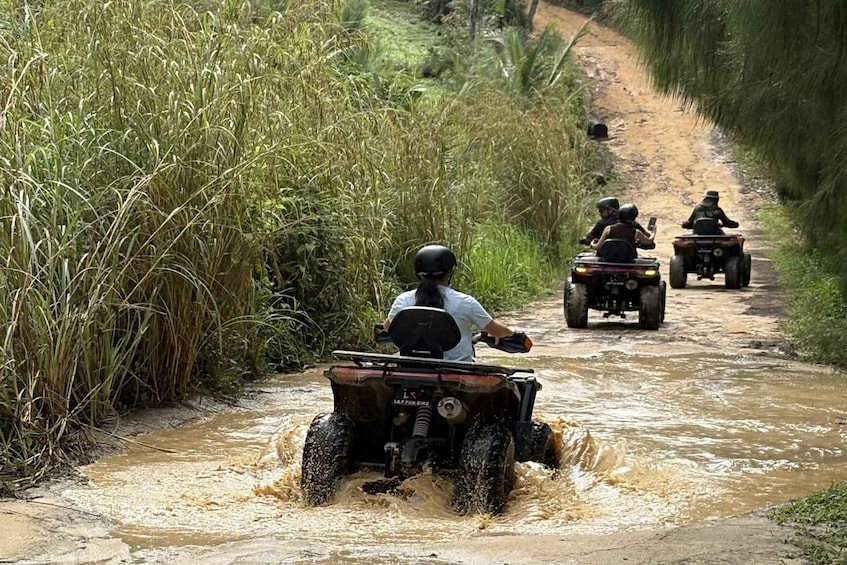 A group of people riding ATVs on a muddy path surrounded by tall grass. 5