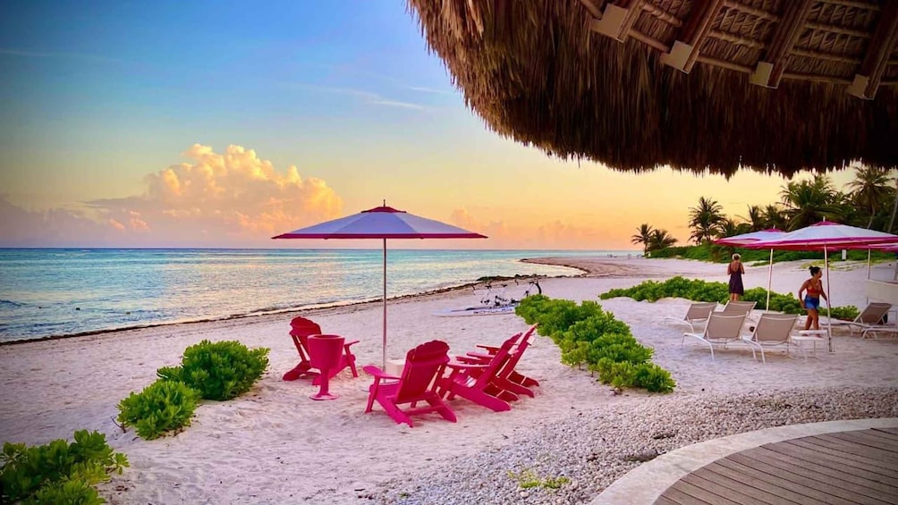 A beach with lounge chairs, umbrellas, and a thatched roof structure. 2
