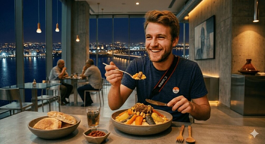 A person dining at a table with a view of a cityscape at night. 4