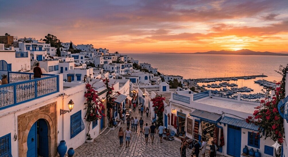 A coastal town with white buildings, blue doors, and a sunset over the sea. 3