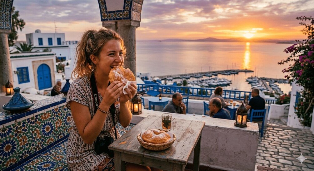 A person eating a pastry at a seaside café with a view of the sunset and boats. 1