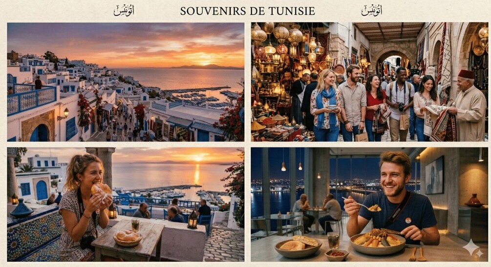 A coastal town with white buildings, a sunset view, a bustling market, and people dining at a waterfront restaurant. 5