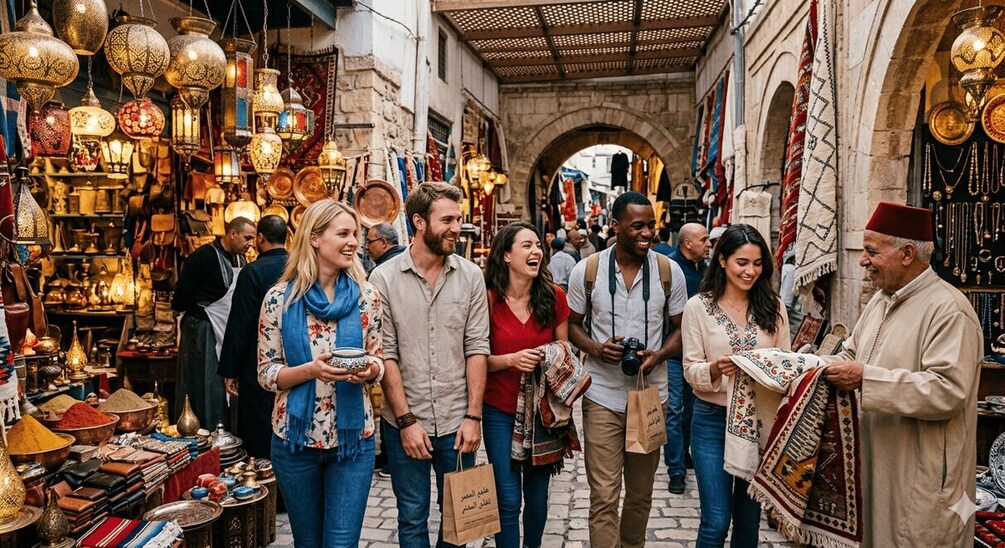 A bustling market with people browsing and a vendor in traditional attire. 2
