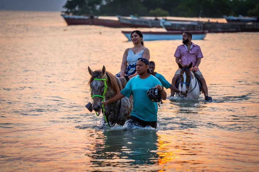 A person leading a horse through water with boats in the background. 2