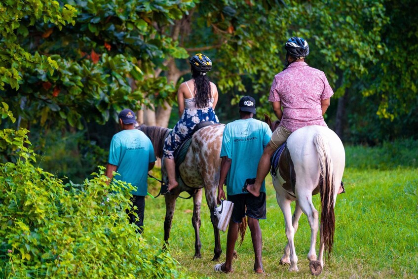 A group of people riding horses in a grassy area with trees in the background. 3