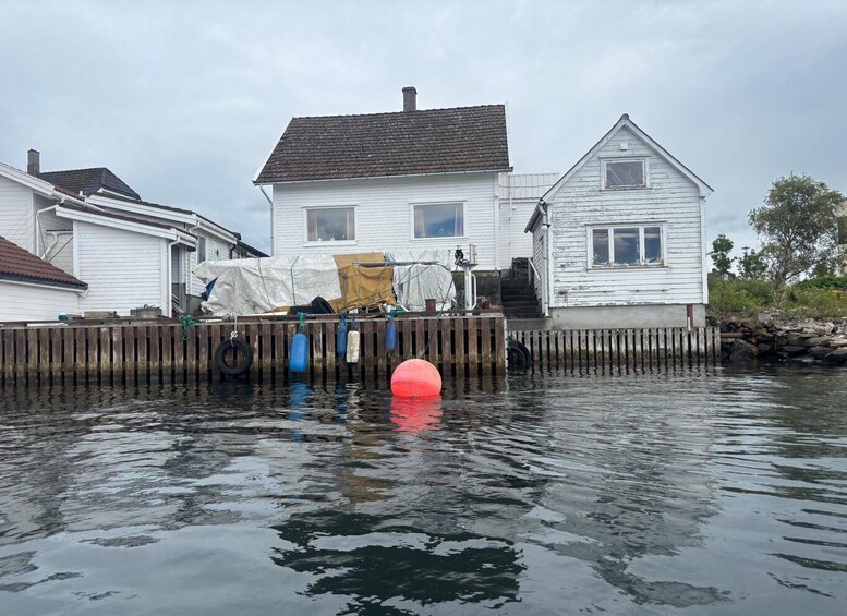 A waterfront with houses, a wooden dock, and floating objects. 2