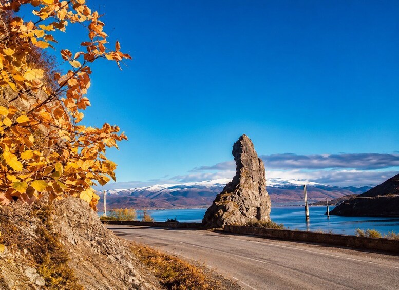 A road with autumn leaves, a rock formation, and a mountain range in the background. 2