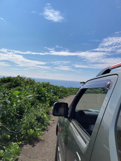 A vehicle parked on a road with a clear sky and greenery on the side. 3