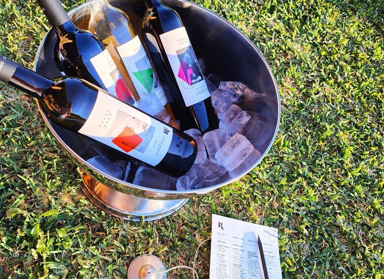 A metal bucket filled with ice and wine bottles on grass. 3