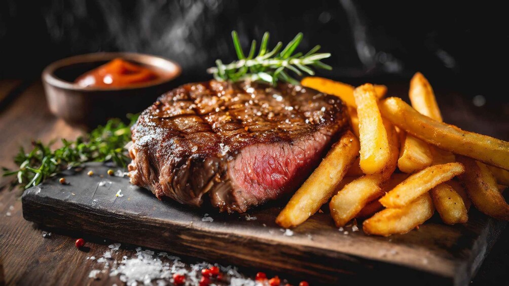 A steak with fries on a wooden board, garnished with rosemary. 3