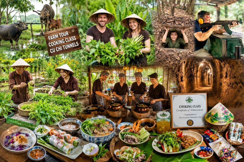A farm tour cooking class with participants preparing and serving traditional dishes. 1