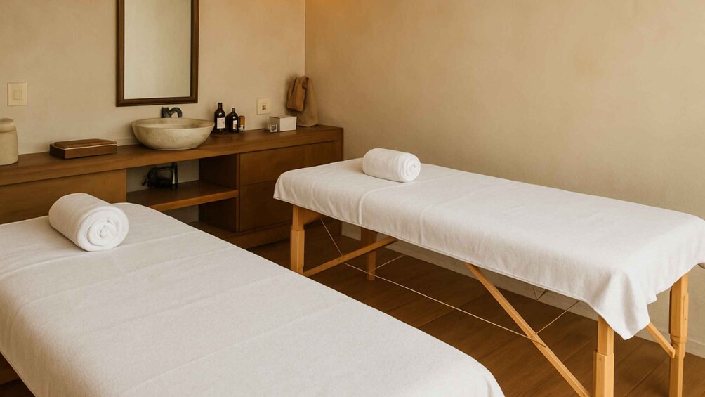 A spa room with two treatment tables, a large mirror, and a wooden vanity with bottles and a bowl. 5