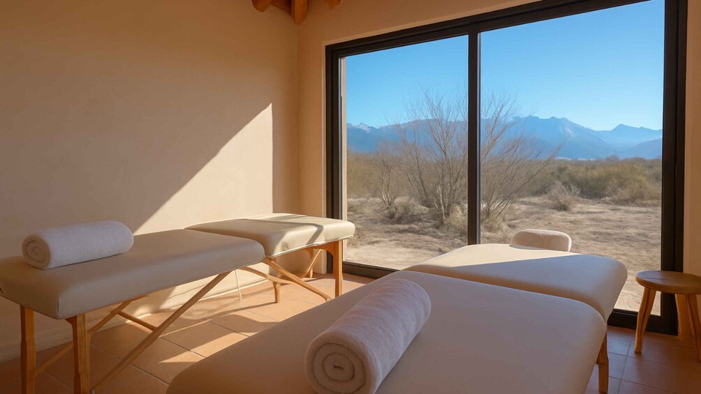 A spa room with two massage tables, a large window, and a view of mountains. 4