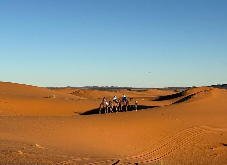 A group of people riding camels across a desert landscape with sand dunes. 5