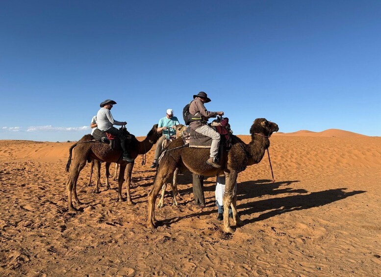 Three people riding camels in a desert with sand dunes in the background. 1