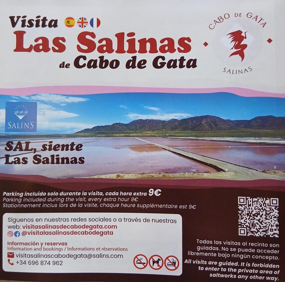 A travel poster for 'Las Salinas de Cabo de Gata' with a scenic landscape, a QR code, and contact information. 3