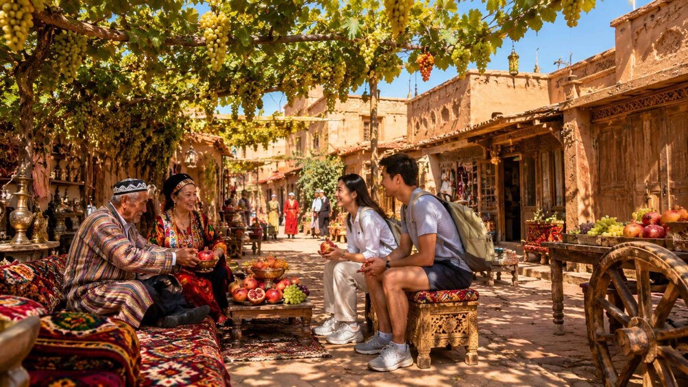 A traditional market scene with people sitting and interacting, surrounded by stalls selling fruits and local crafts. 3