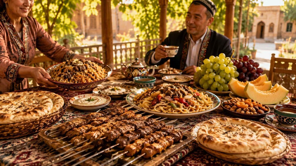 A traditional meal with various dishes, including kebabs, rice, and bread, set outdoors with a building in the background. 5