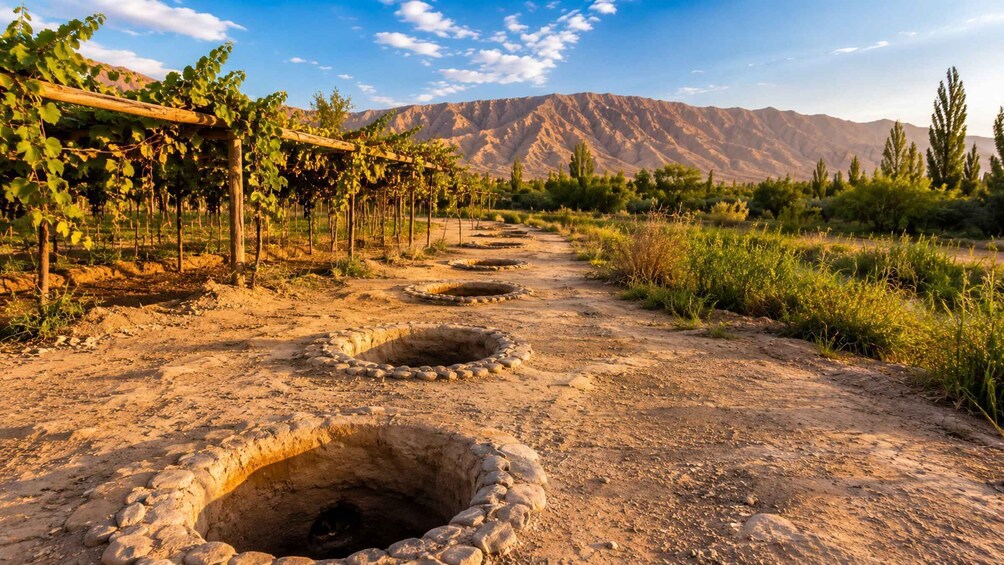 A vineyard with grapevines, a dirt path with circular stone structures, and a mountain range in the background. 2