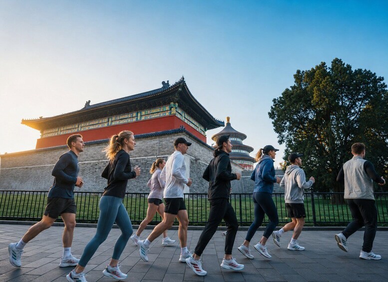 A group of people jogging in front of a traditional Chinese building with a distinctive red and green roof. 4