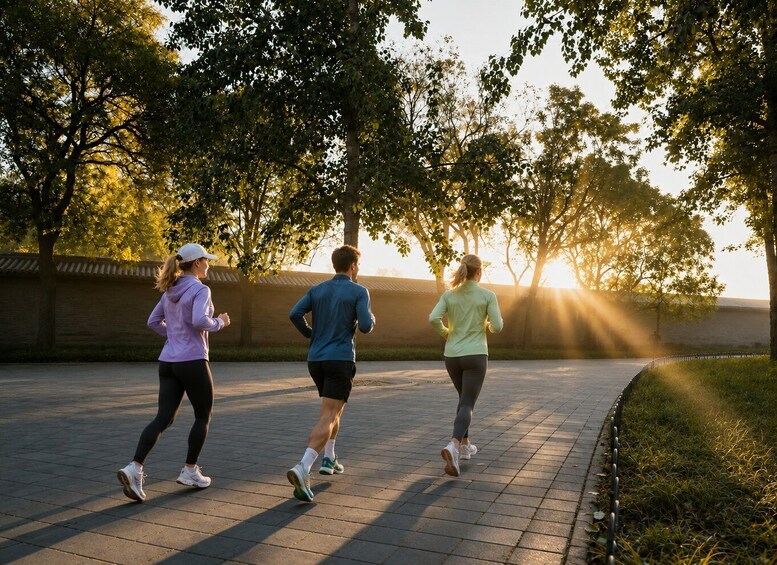 Three people jogging on a paved path with trees and sunlight in the background. 2