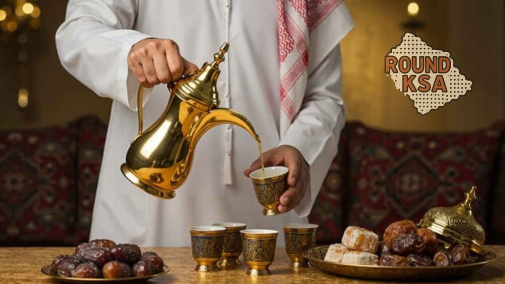 A person pouring coffee into a cup from a traditional brass coffee pot, with several ornate cups and a plate of dates on a table. 5