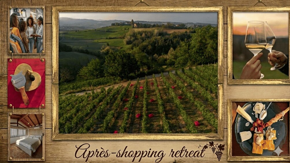 A vineyard, a wine glass, and a cheese platter. 1