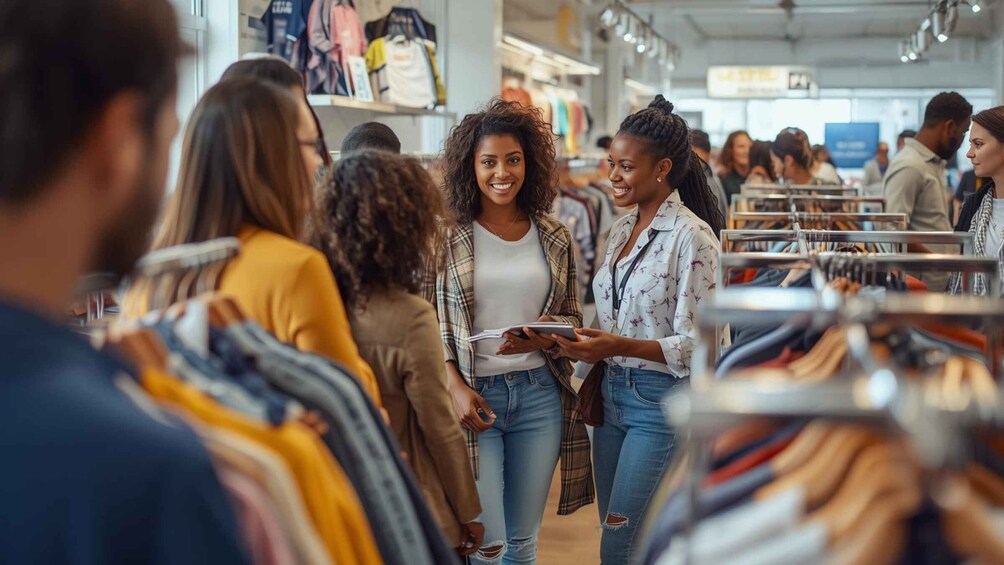 People shopping in a clothing store with racks of clothes. 4