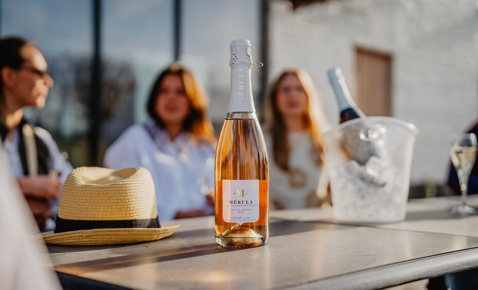 A bottle of Merula wine, a straw hat, and a glass of wine on a table. 5