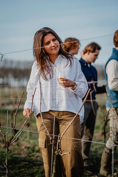 A person holding a glass, standing near a fence with branches. 4