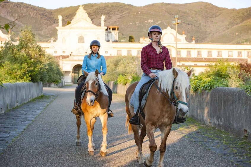 Two riders on horses along a cobblestone path with a white building in the background. 5