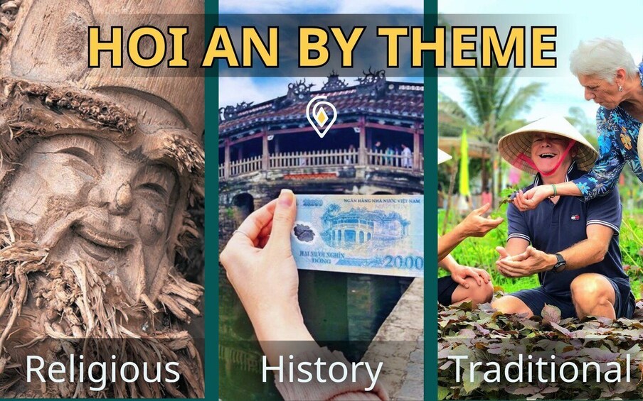 A carved stone face, a 2000 Vietnamese banknote, and a person in traditional attire. 1