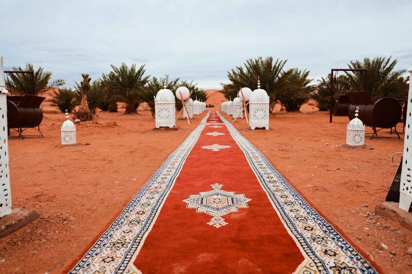 A desert pathway with a red carpet, white lanterns, and palm trees. 5