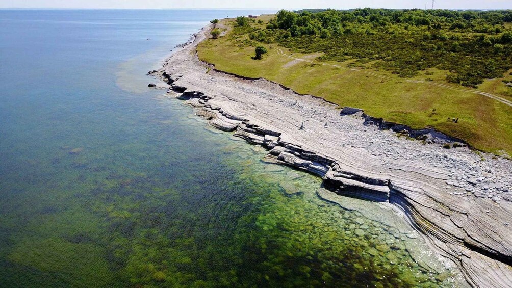 A coastal landscape with a clear water body, a rocky shoreline, and a grassy area with trees. 2