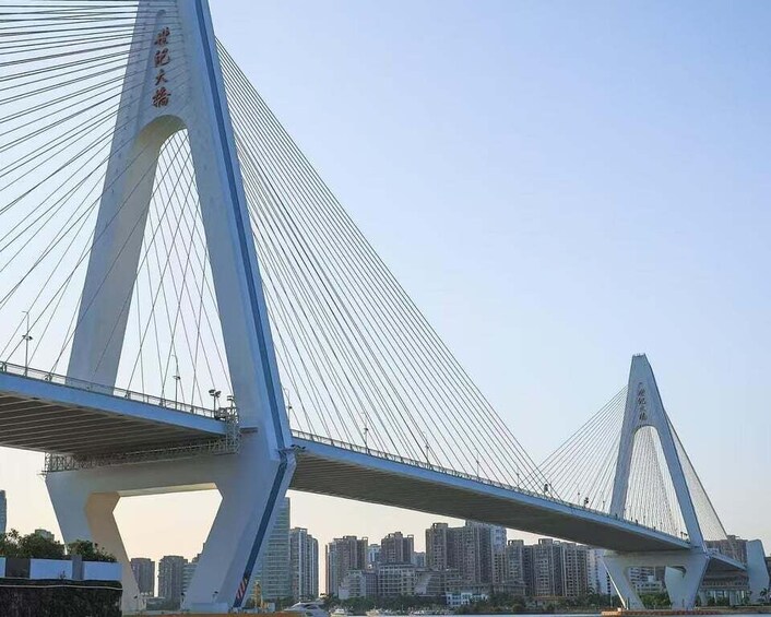 A cable-stayed bridge with a clear sky and a cityscape in the background. 5