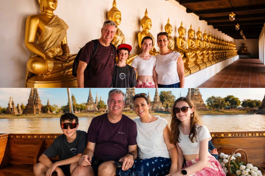 A family with golden Buddha statues in the background and a temple by the water. 2
