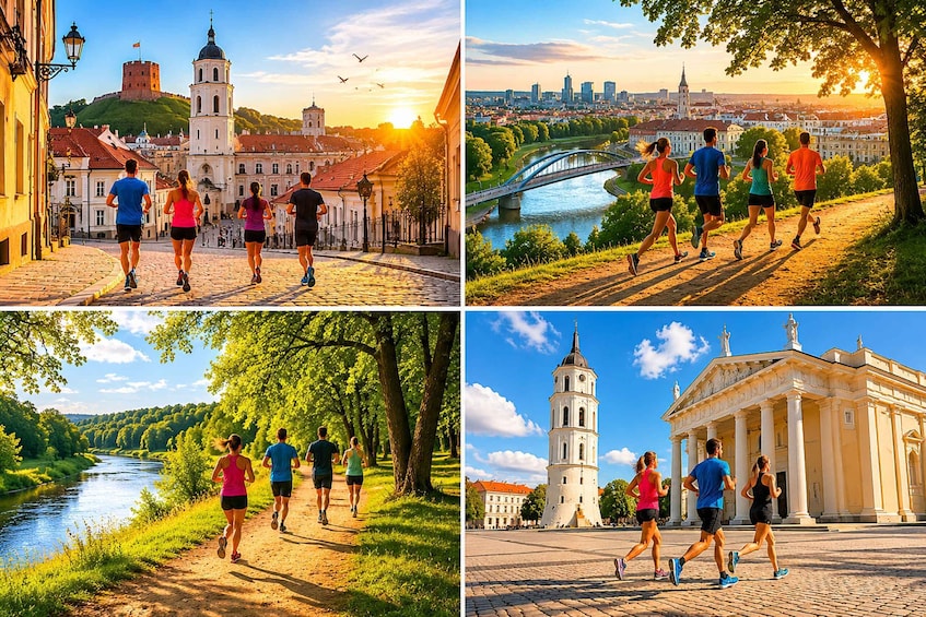 Runners on cobblestone streets, a river, and historic buildings. 3