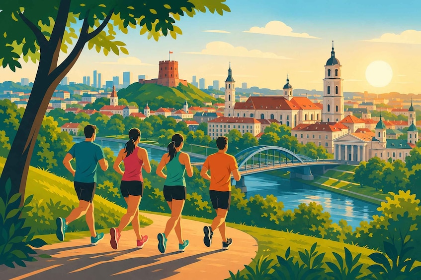 A group of people jogging along a path with a cityscape and river in the background. 2