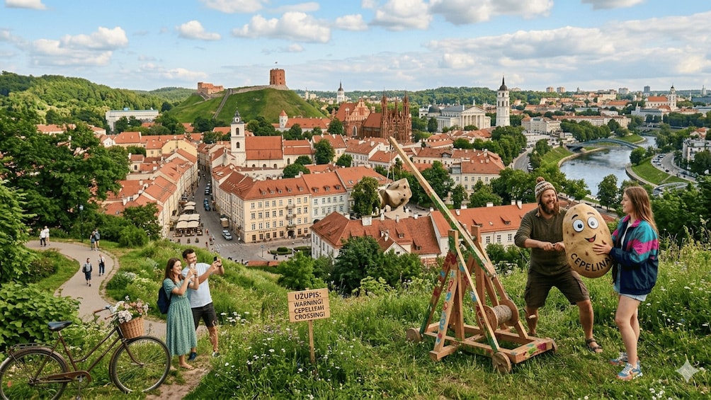 A scenic view of a city with a large castle, a church, and a river. 1