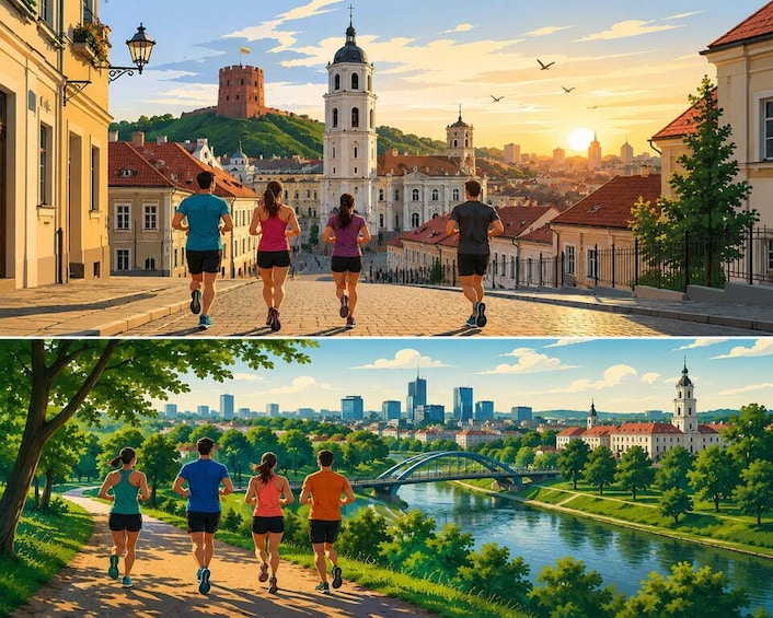 Joggers on a cobblestone street with historic buildings and a castle in the background. 4