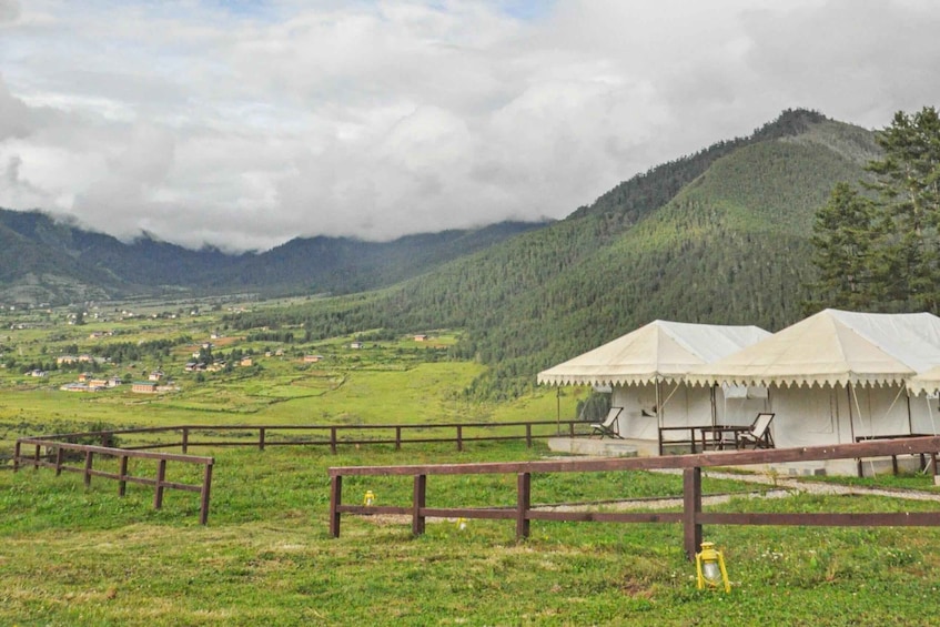 A mountainous landscape with a fenced area containing tents and a bench. 1