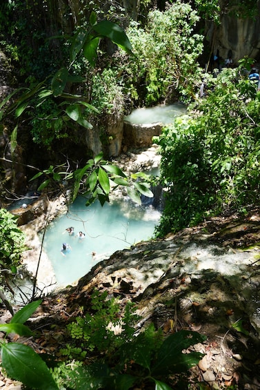 A natural hot spring surrounded by lush greenery and rocky terrain. 3
