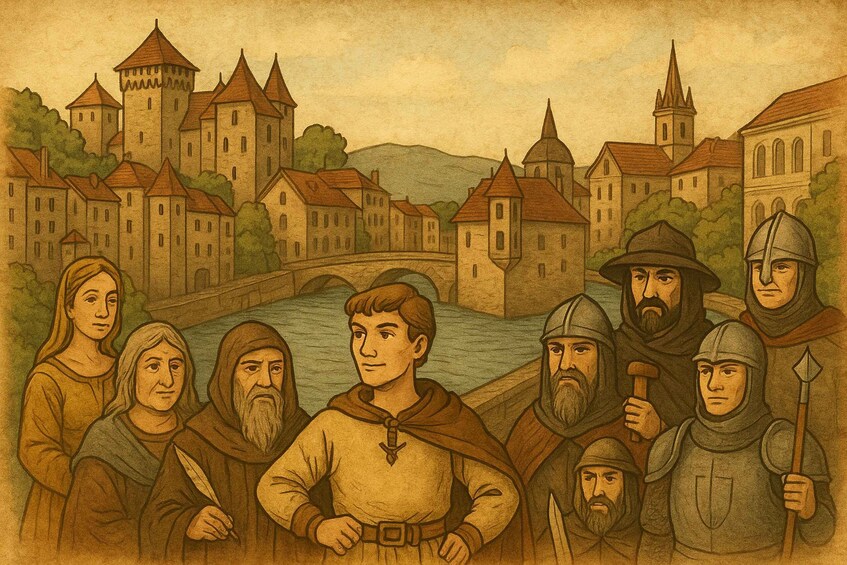 A medieval town with castle towers, a church, and a bridge. 2