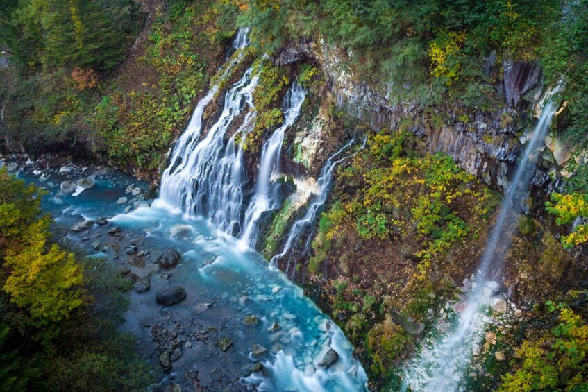 A multi-tiered waterfall cascading over rocks into a river, surrounded by dense forest. 4