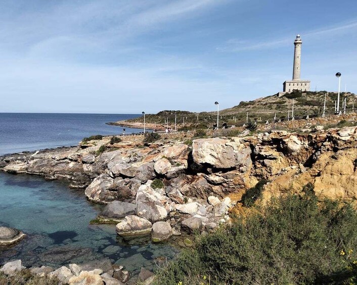 A coastal landscape with a lighthouse, rocky shore, clear water, and sparse vegetation. 5