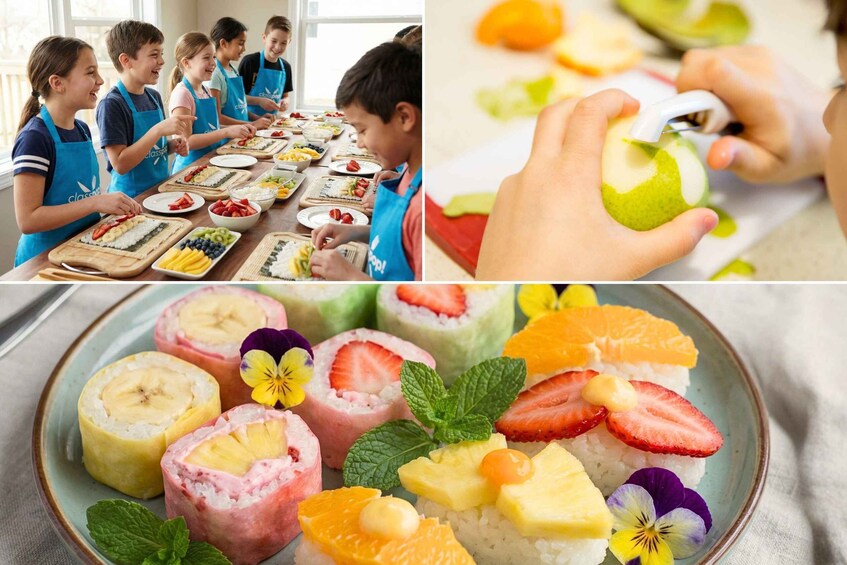 Children preparing food, a close-up of a fruit-filled dessert, and a plate of colorful fruit and rice. 1