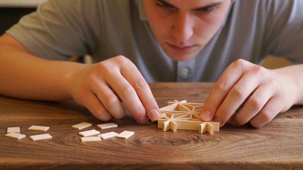 A person assembling wooden blocks on a wooden table. 1